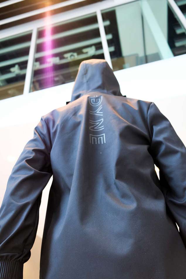 long jacket by Dyne performance brand at NYFW debut NFC bluebite technology on The Majority Group